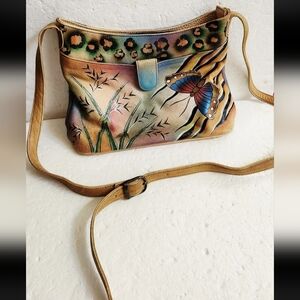 ANNA By Anuschka Leather Crossbody Purse Hand Painted Vintage Tribal Butterfly